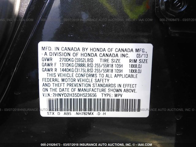 2HNYD2H35DH523656 - 2013 ACURA MDX TECHNOLOGY GRAY photo 9