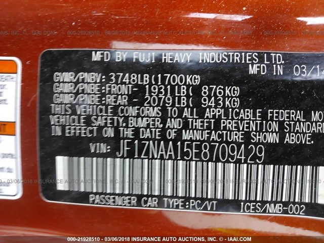 JF1ZNAA15E8709429 - 2014 TOYOTA SCION FR-S ნარინჯისფერი ფოტო 9