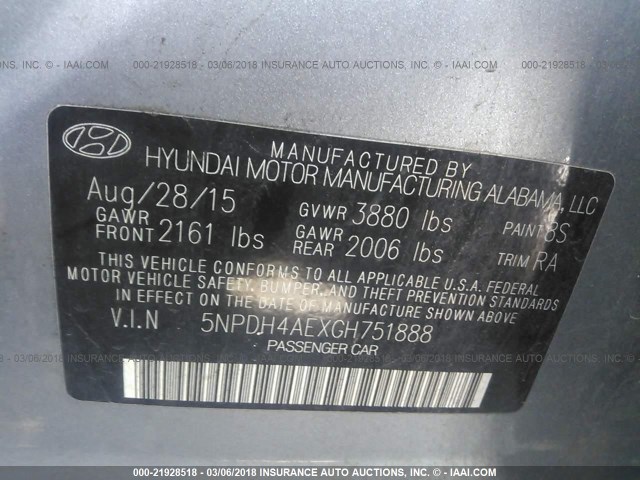 5NPDH4AEXGH751888 - 2016 HYUNDAI ELANTRA SE/SPORT/LIMITED SILVER photo 9