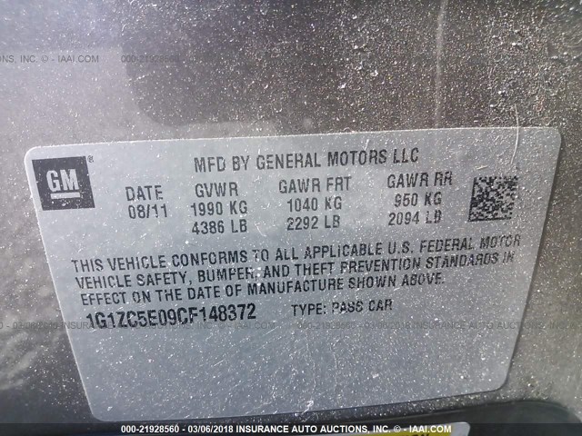 1G1ZC5E09CF148372 - 2012 CHEVROLET MALIBU 1LT 棕色 照片 9