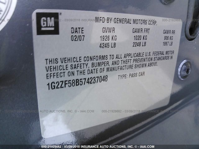 1G2ZF58B574237048 - 2007 PONTIAC G6 VALUE LEADER/BASE GRAY photo 9