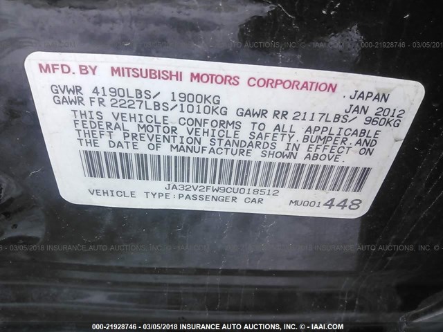 JA32V2FW9CU018512 - 2012 MITSUBISHI LANCER SE BLACK photo 9