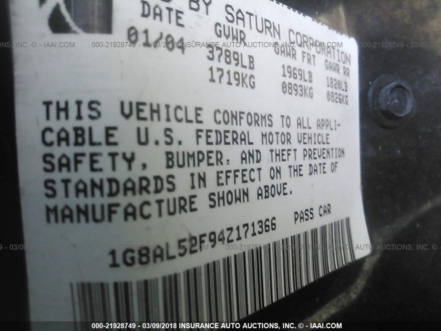 1G8AL52F94Z171366 - 2004 SATURN ION LEVEL 3 GOLD photo 9