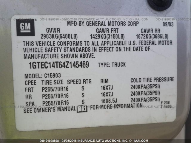 1GTEC14T64Z145469 - 2004 GMC NEW SIERRA C1500 SILVER photo 9