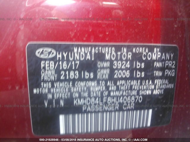 KMHD84LF8HU406870 - 2017 HYUNDAI ELANTRA SE/VALUE/LIMITED RED photo 9