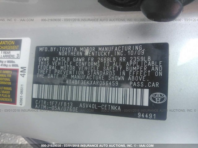 4T4BF3EKXAR056459 - 2010 TOYOTA CAMRY SE/LE/XLE SILVER photo 9