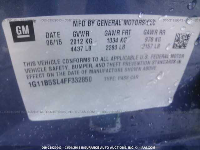 1G11B5SL4FF332850 - 2015 CHEVROLET MALIBU LS 蓝色 照片 9