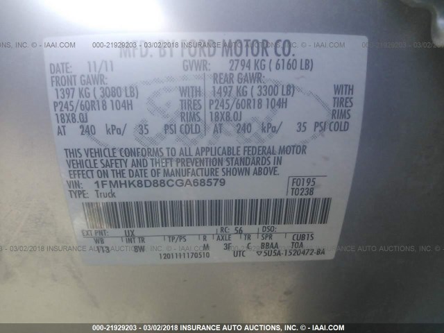 1FMHK8D88CGA68579 - 2012 FORD EXPLORER XLT SILVER photo 9