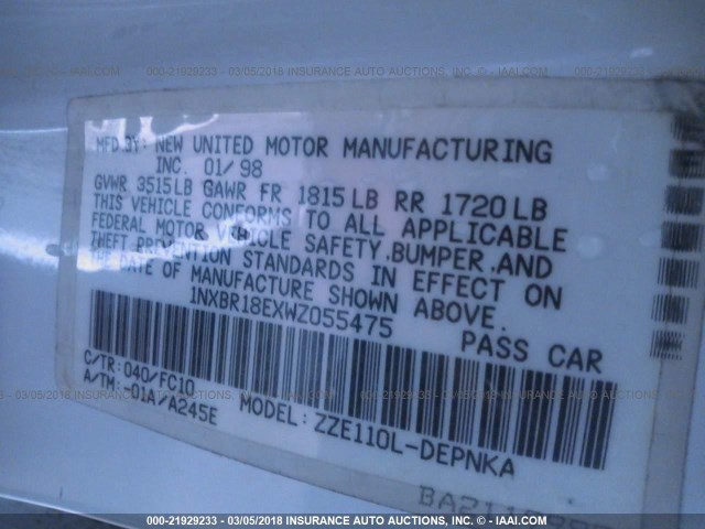 1NXBR18EXWZ055475 - 1998 TOYOTA COROLLA VE/CE/LE 白色 照片 9