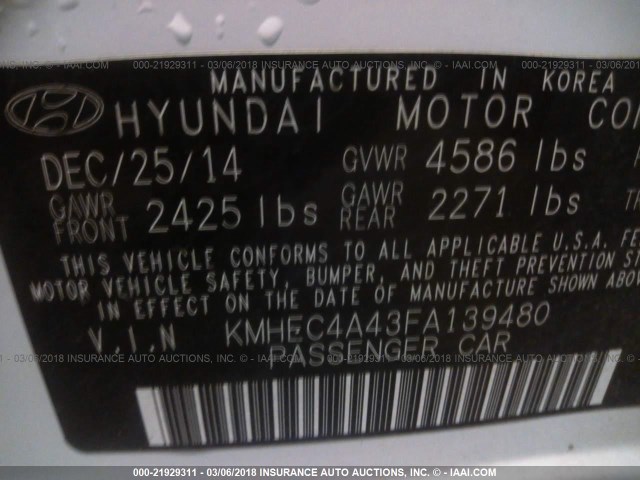 KMHEC4A43FA139480 - 2015 HYUNDAI SONATA HYBRID/LIMITED WHITE photo 9