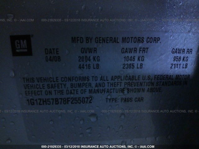 1G1ZH57B78F255072 - 2008 CHEVROLET MALIBU 1LT SILVER photo 9