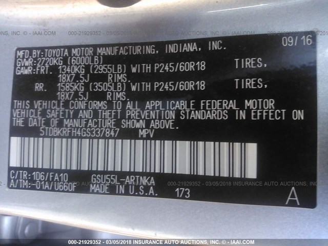 5TDBKRFH4GS337847 - 2016 TOYOTA HIGHLANDER LE/LE PLUS SILVER photo 9