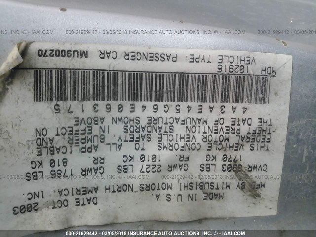 4A3AE45G64E063175 - 2004 MITSUBISHI ECLIPSE SPYDER GS 银色 照片 9