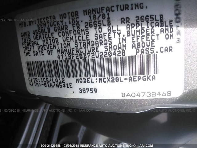 4T1BF28B72U220428 - 2002 TOYOTA AVALON XL/XLS SILVER photo 9