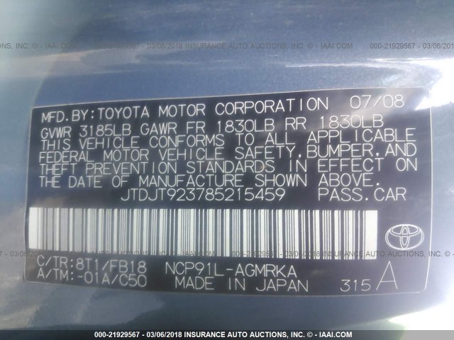 JTDJT923785215459 - 2008 TOYOTA YARIS BLUE photo 9