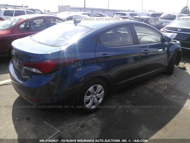 KMHDH4AE8GU545275 - 2016 HYUNDAI ELANTRA SE/SPORT/LIMITED BLUE photo 4