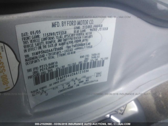 1FAFP56U26A121036 - 2006 FORD TAURUS SEL ვერცხლისფერი ფოტო 9