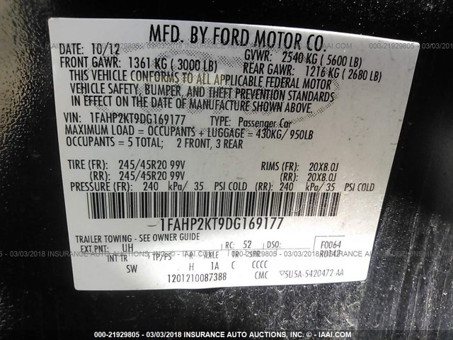 1FAHP2KT9DG169177 - 2013 FORD TAURUS SHO GRAY photo 9