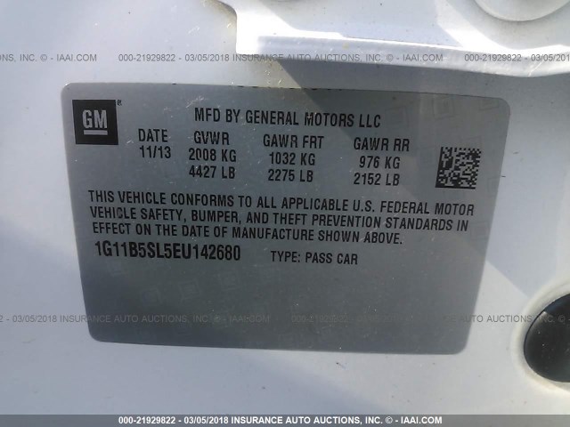 1G11B5SL5EU142680 - 2014 CHEVROLET MALIBU LS Ақ фото 9