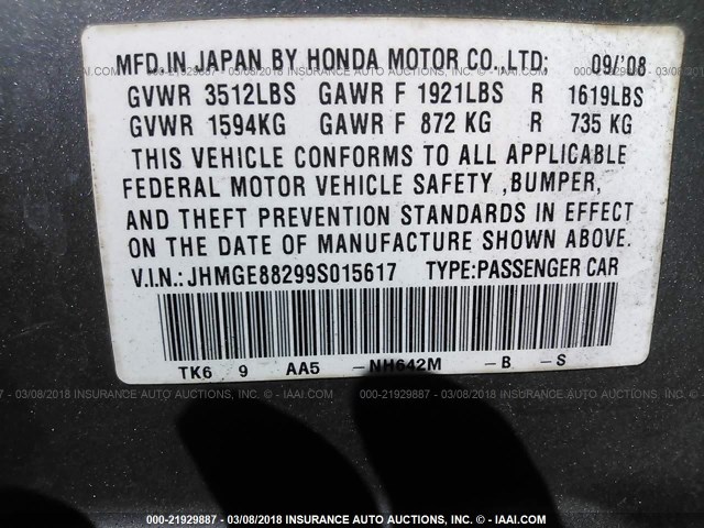 JHMGE88299S015617 - 2009 HONDA FIT GRAY photo 9