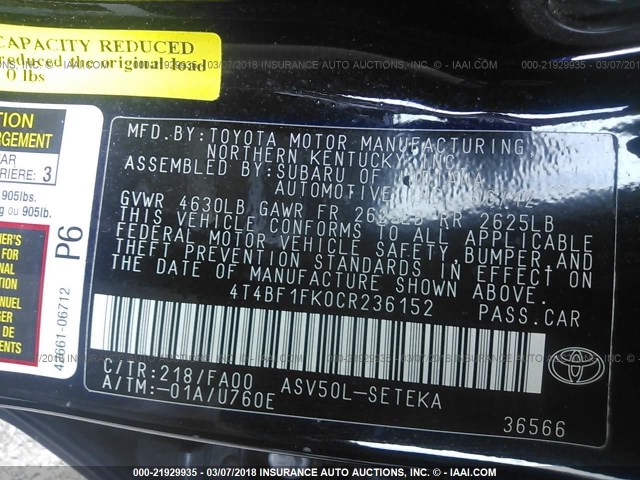 4T4BF1FK0CR236152 - 2012 TOYOTA CAMRY SE/LE/XLE BLACK photo 9