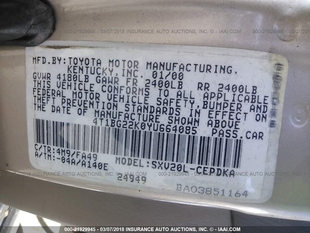 4T1BG22K0YU664085 - 2000 TOYOTA CAMRY CE/LE/XLE 棕色 照片 9