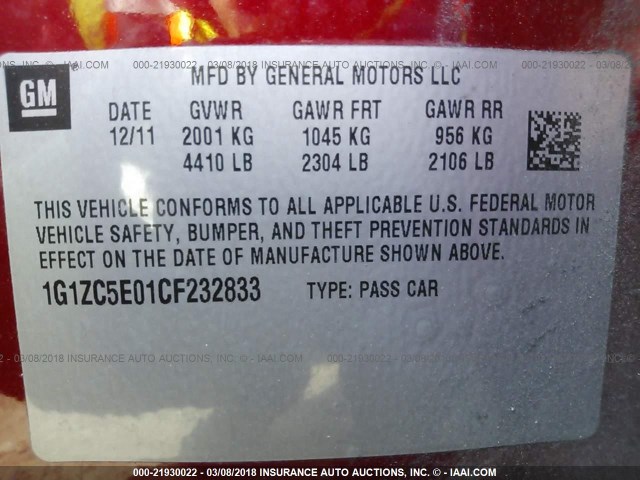 1G1ZC5E01CF232833 - 2012 CHEVROLET MALIBU 1LT 栗色 照片 9