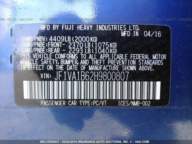 JF1VA1B62H9800807 - 2017 SUBARU WRX BLUE photo 9