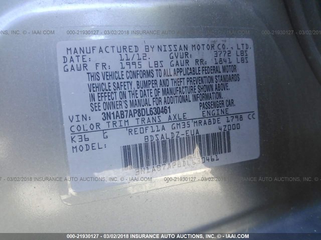 3N1AB7AP8DL630461 - 2013 NISSAN SENTRA S/SV/SR/SL SILVER photo 9