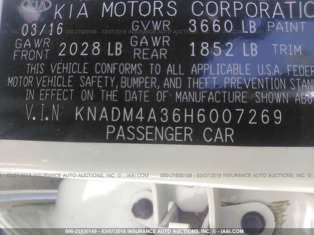 KNADM4A36H6007269 - 2017 KIA RIO LX WHITE photo 9