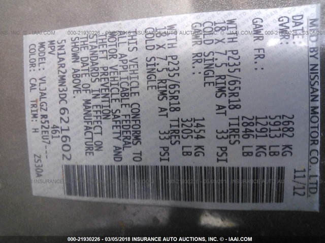 5N1AR2MN3DC621602 - 2013 NISSAN PATHFINDER S/SV/SL/PLATINUM 锡色 照片 9