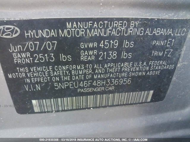 5NPEU46F48H336956 - 2008 HYUNDAI SONATA SE/LIMITED GRAY photo 9