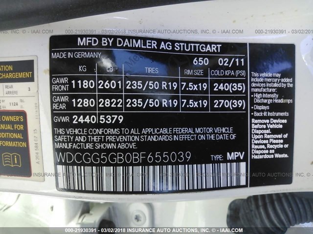 WDCGG5GB0BF655039 - 2011 MERCEDES-BENZ GLK 350 WHITE photo 9