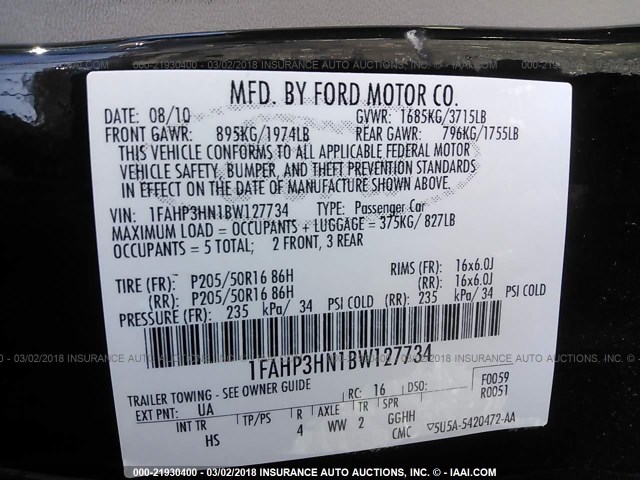 1FAHP3HN1BW127734 - 2011 FORD FOCUS SEL BLACK photo 9