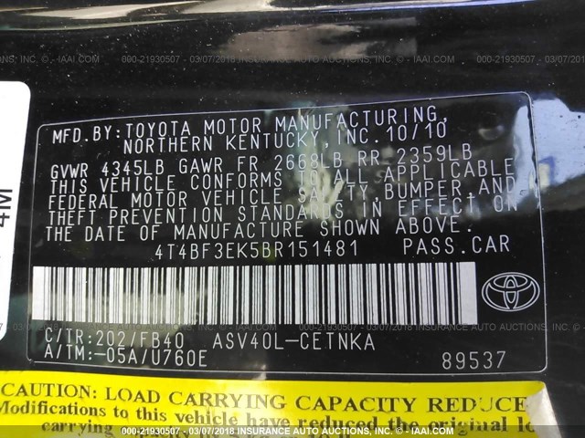 4T4BF3EK5BR151481 - 2011 TOYOTA CAMRY SE/LE/XLE Черный фото 9