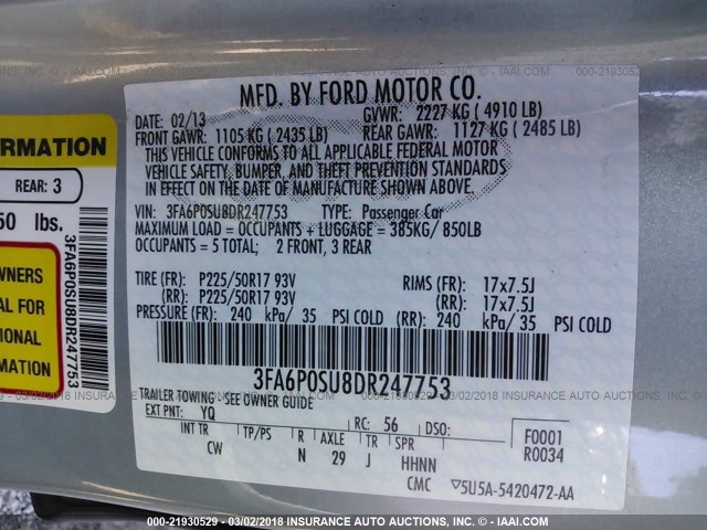 3FA6P0SU8DR247753 - 2013 FORD FUSION TITANIUM PHEV BLUE photo 9