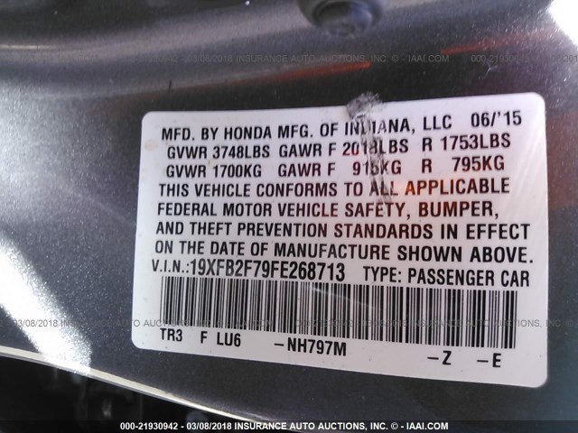 19XFB2F79FE268713 - 2015 HONDA CIVIC SE SILVER photo 9