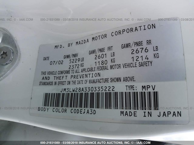 JM3LW28A330335222 - 2003 MAZDA MPV WAGON WHITE photo 9