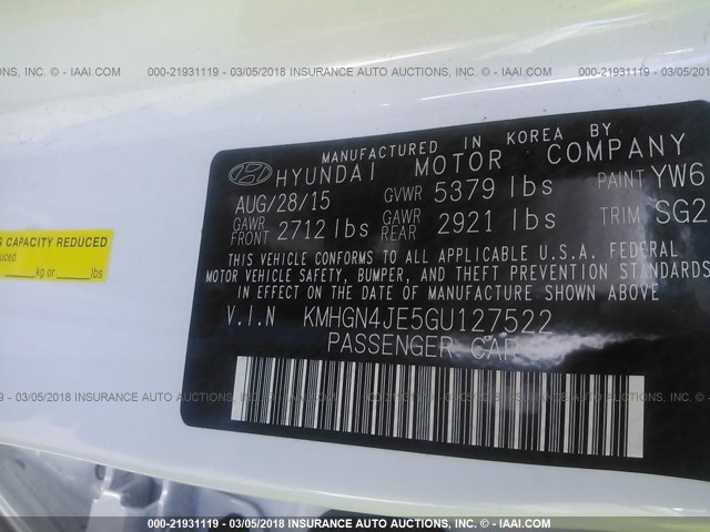 KMHGN4JE5GU127522 - 2016 HYUNDAI GENESIS 3.8L WHITE photo 9