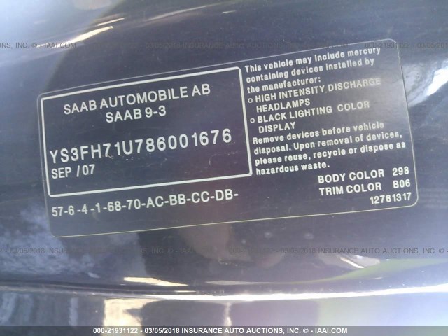 YS3FH71U786001676 - 2008 SAAB 9-3 AERO BLACK photo 9