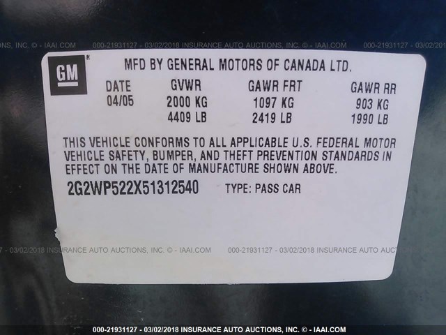 2G2WP522X51312540 - 2005 PONTIAC GRAND PRIX BLUE photo 9