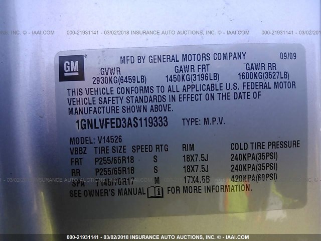 1GNLVFED3AS119333 - 2010 CHEVROLET TRAVERSE LT SILVER photo 9