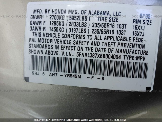 5FNRL387X6B004004 - 2006 HONDA ODYSSEY EXL შამპანური ფოტო 9