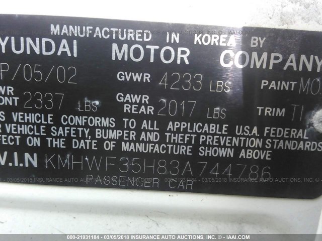 KMHWF35H83A744786 - 2003 HYUNDAI SONATA GLS/LX WHITE photo 9