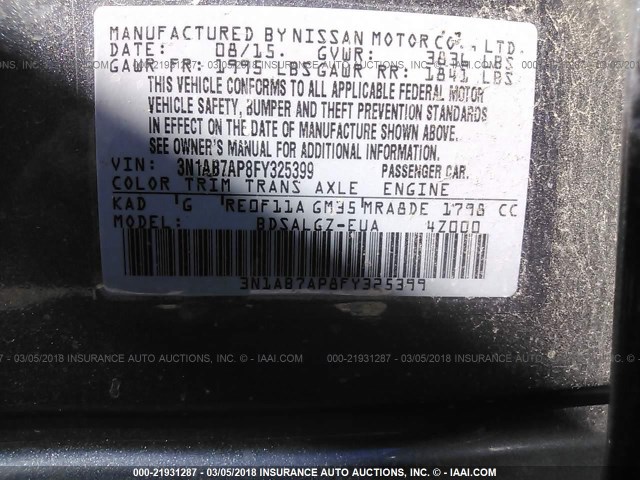 3N1AB7AP8FY325399 - 2015 NISSAN SENTRA S/SV/SR/SL GRAY photo 9