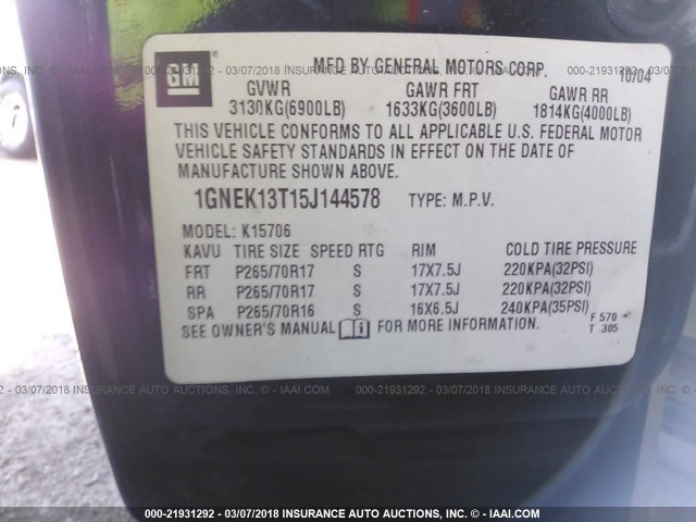 1GNEK13T15J144578 - 2005 CHEVROLET TAHOE K1500 BLACK photo 9