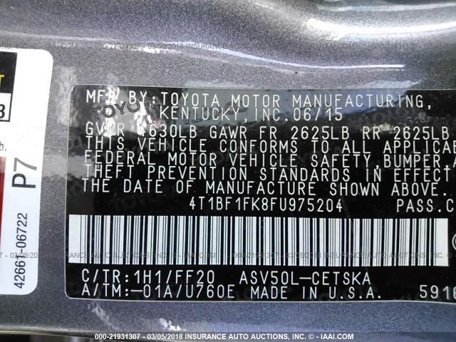 4T1BF1FK8FU975204 - 2015 TOYOTA CAMRY LE/XLE/SE/XSE ნაცრისფერი ფოტო 9