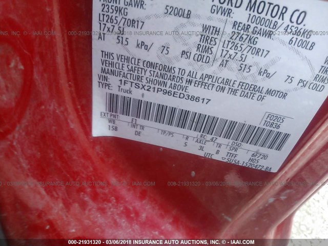 1FTSX21P96ED38617 - 2006 FORD F250 SUPER DUTY RED photo 9
