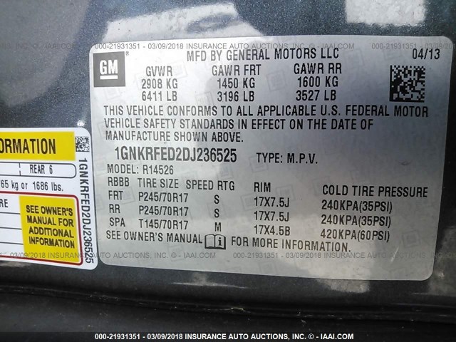 1GNKRFED2DJ236525 - 2013 CHEVROLET TRAVERSE LS GRAY photo 9