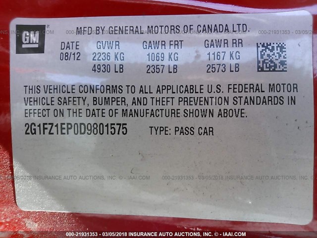 2G1FZ1EP0D9801575 - 2013 CHEVROLET CAMARO ZL1 红色 照片 9